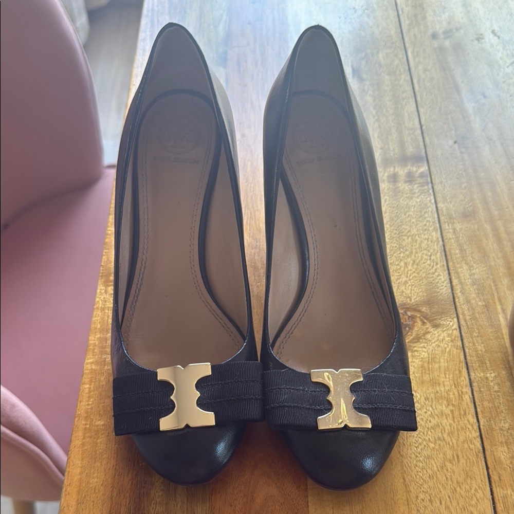 Tory Burch Black wedge with Gold Accent